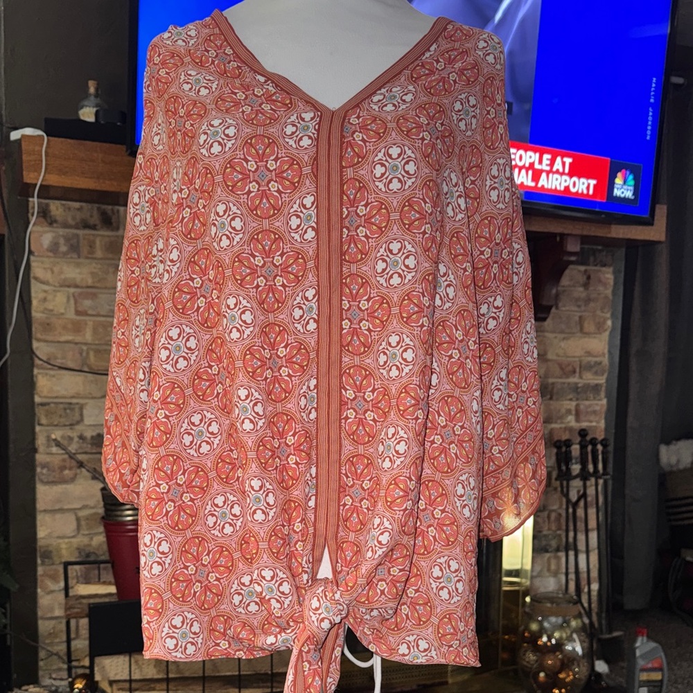 Max Studio Orange Patterned Tie-Hem V-Neck Tunic